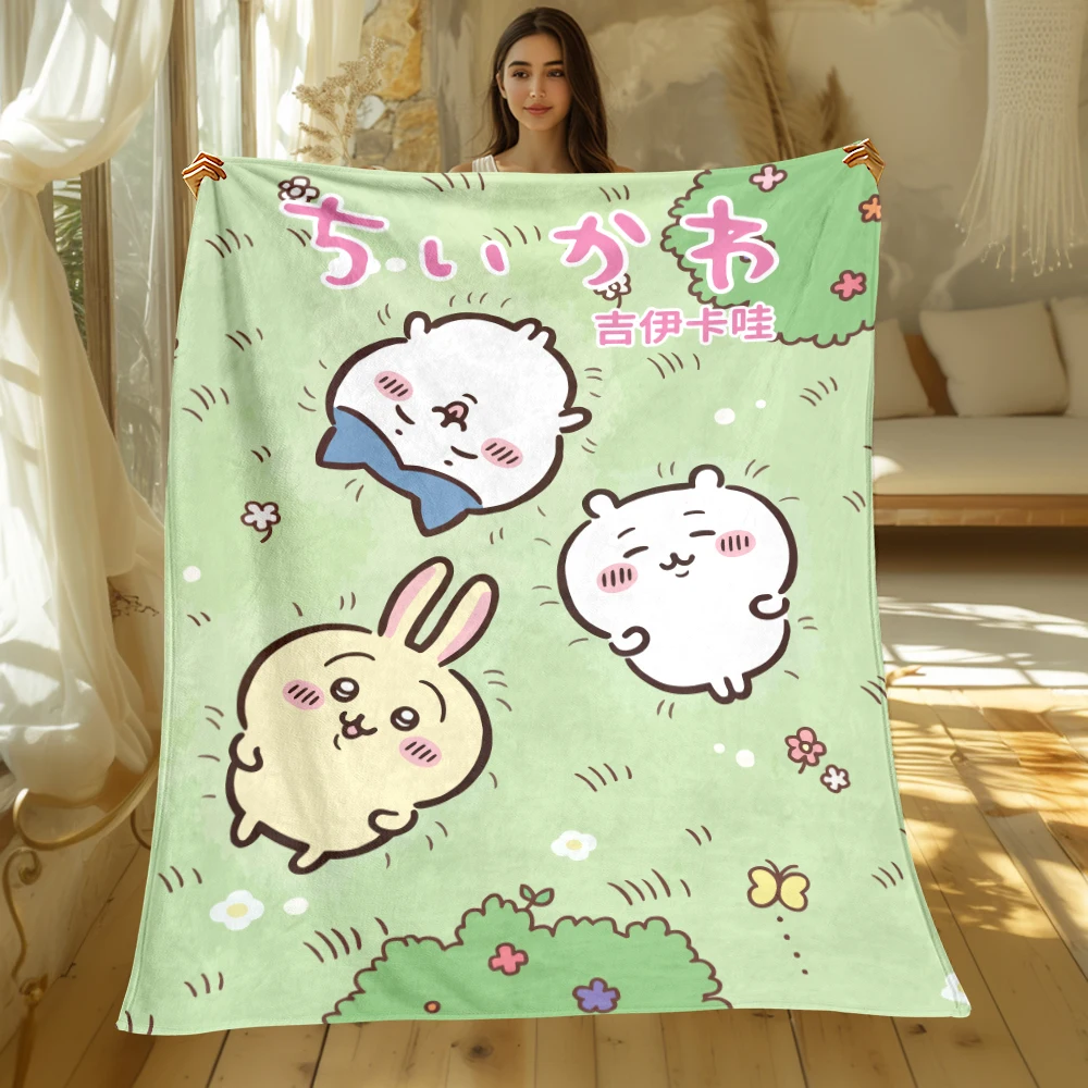 Chiikawa Sanrio Cartoon HD Printed Flannel Blanket.Sofa Bedroom Bed Home Office Nap Blanket Car Travel Picnic Blankets Gift