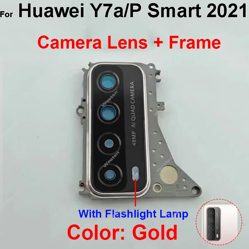 غطاء عدسة زجاجية للكاميرا لهاتف هواوي Y7A P SMART 2021 حامل إطار عدسة الكاميرا الخلفية الخلفية مع جزء إصلاح ملصق لاصق