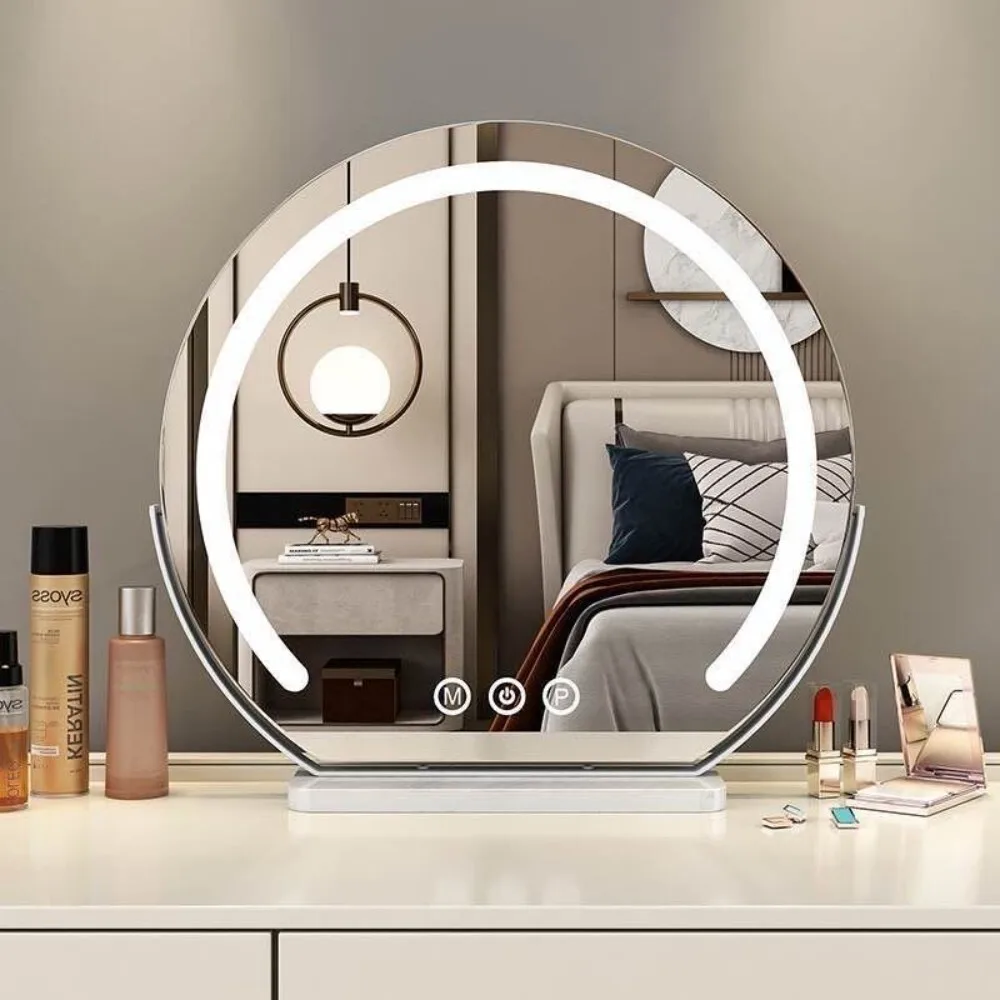 

Semicircular LED Makeup Mirror with Touch Screen Light Rotatable Desktop Design for Bedroom Plug In Vanity Use