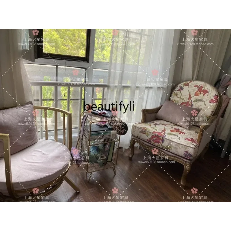 A44 البلد الأمريكي أريكة خشبية صلبة كرسي النسيج الأوروبي عالية الظهر كرسي مجنح غرفة المعيشة الفرنسية أريكة واحدة كرسي الاستجمام