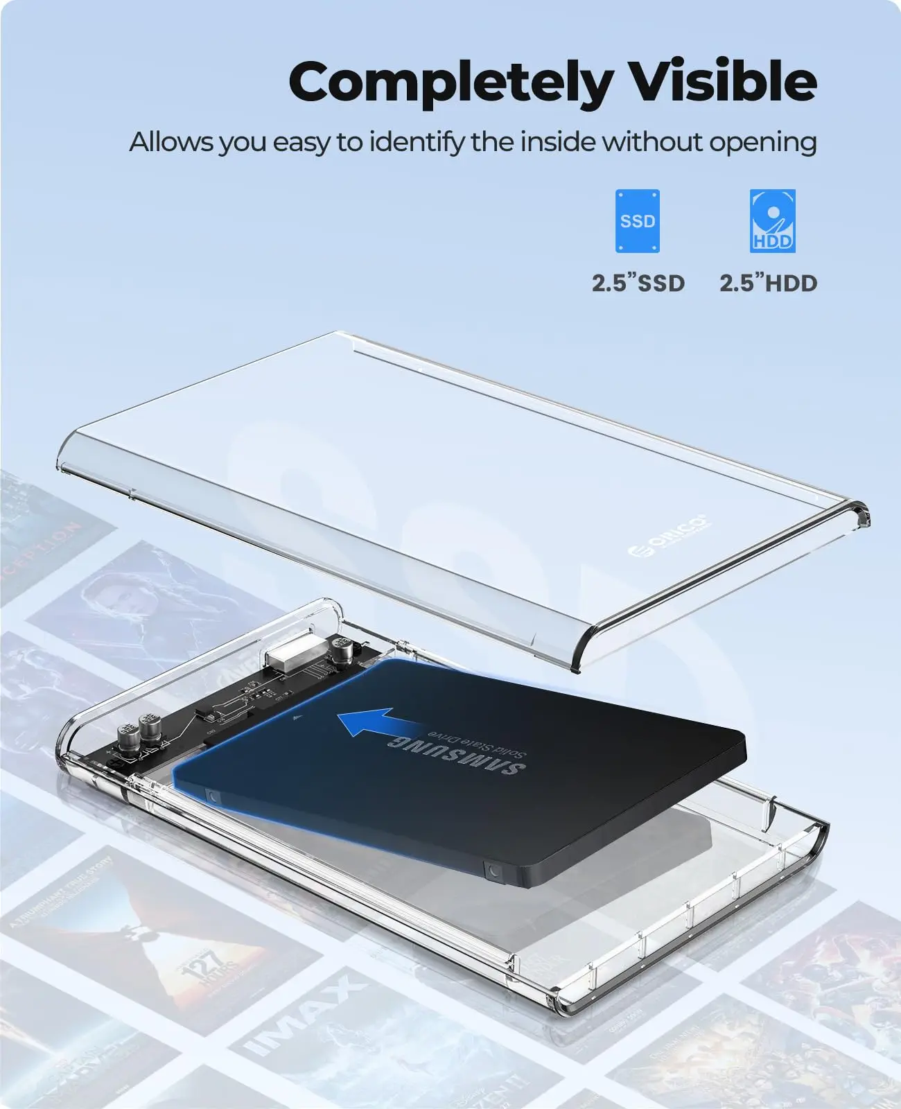 2.5'' External Hard Drive Enclosure USB 3.0 to SATA III Tool-Free Clear Hard Disk Case for 2.5 inch 7mm 9.5mm SATA HDD SSD