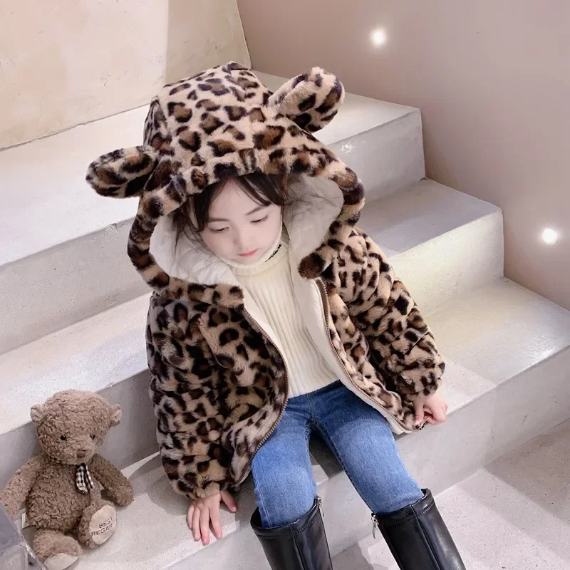 Winter Girls Warm Thick Jackets Fur Hooded Leopard Print Kids Cute Parkas Girl Outdoor Coats Baby Girl Zipper Overcoat 2-10Years