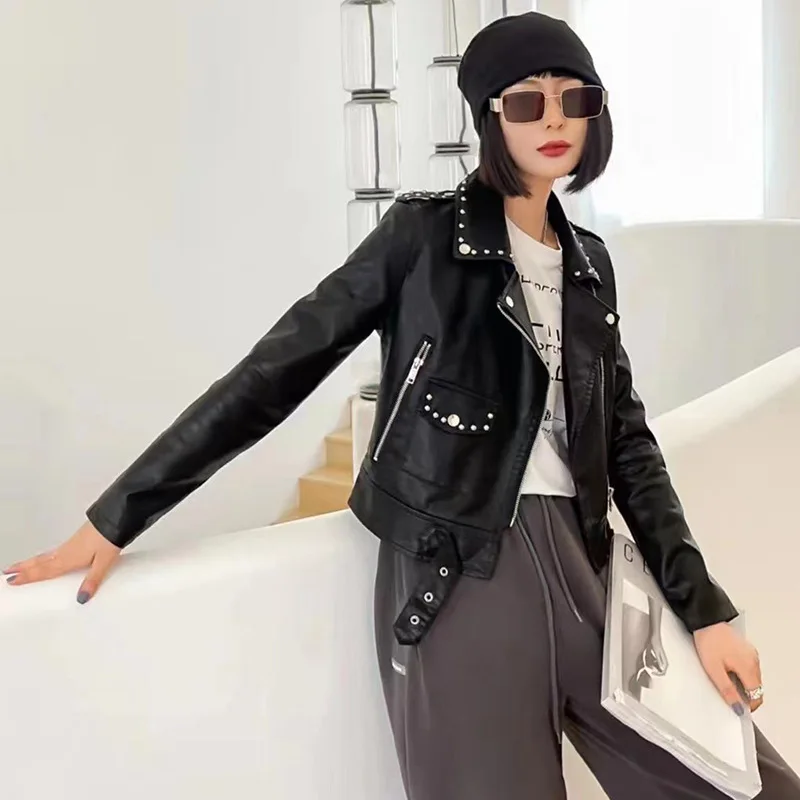 2024 Women's Motorcycle PU Leather Coat Autumn Fashion Personality Rivet Lapel Leather Jacket