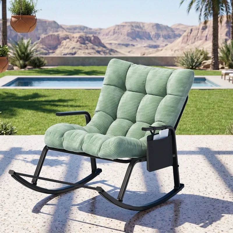 Padded Rocking Chair With Side Storage Pocket, Cut‑Out Armrest, Heavy‑Duty Metal Frame Rocker Chair For Indoor & Outdoor Use, For Backyard, Garden, Porch, Patio Garden Chairs