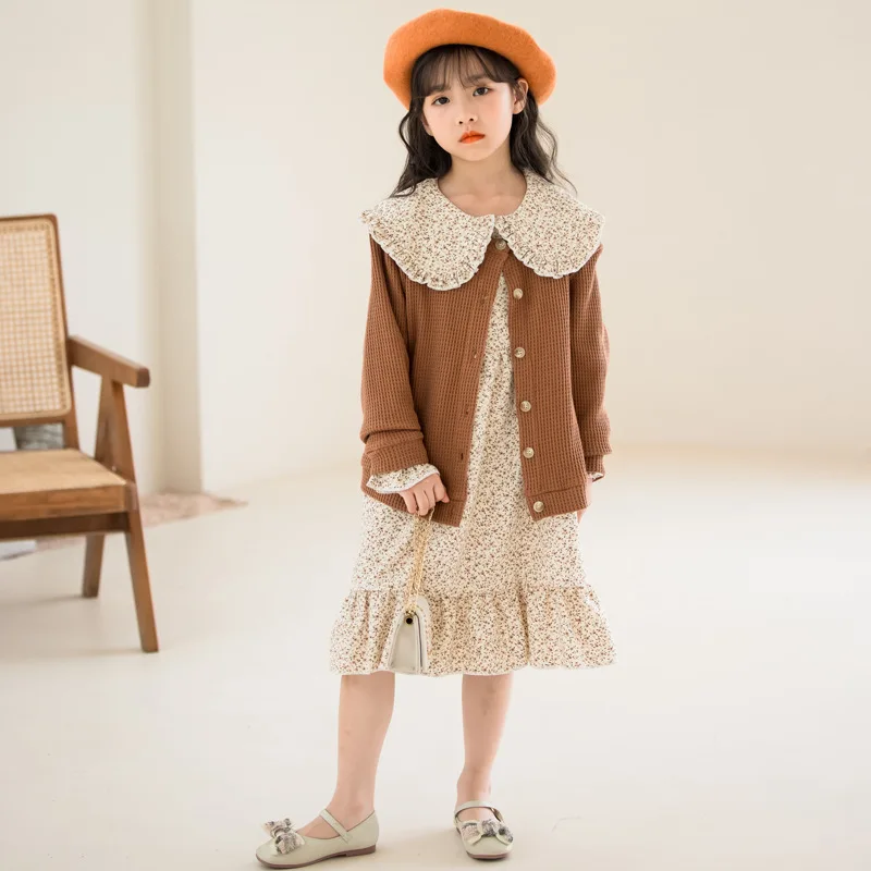 2024 Korean Spring Autumn School Girl 2pcs Suit Teenager Girl Knitted Coat+Doll Collar Printed Long Sleeve Dress Set For Girls