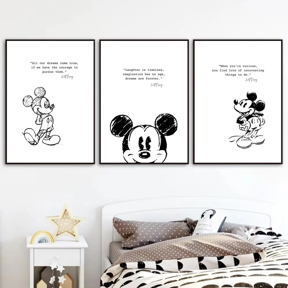 Mickey Mouse Inspirational Quote Poster Prints Black and White Minimalist Canvas Painting Nursery Wall Pictures Kids Room Decor