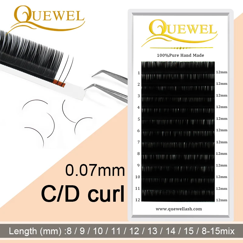 Quewel 0.07mm Eyelash Extension 12Lines/Tray 8-15 Mixed C/CC/D Curl Silk Volume Eye Lashes Makeup Faux Mink Lashes Extension