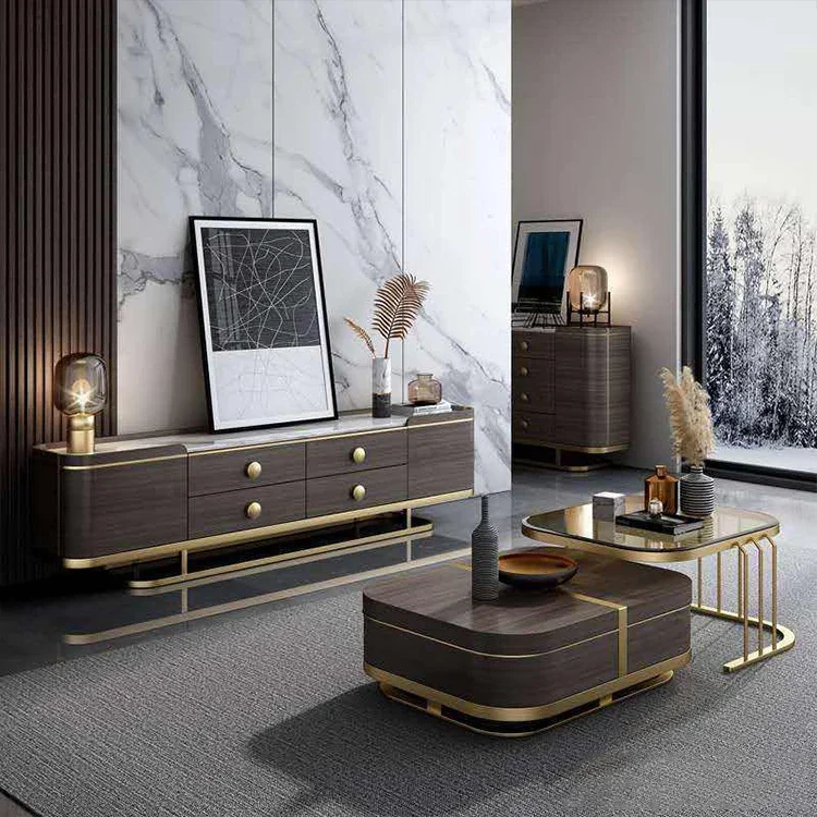 hochwertiges Wohnzimmer Luxus Nordic Marmorplatte TV-Ständer Gold Metal Legs Möbel Set aus Marmor Smart Couch Tisch Set
