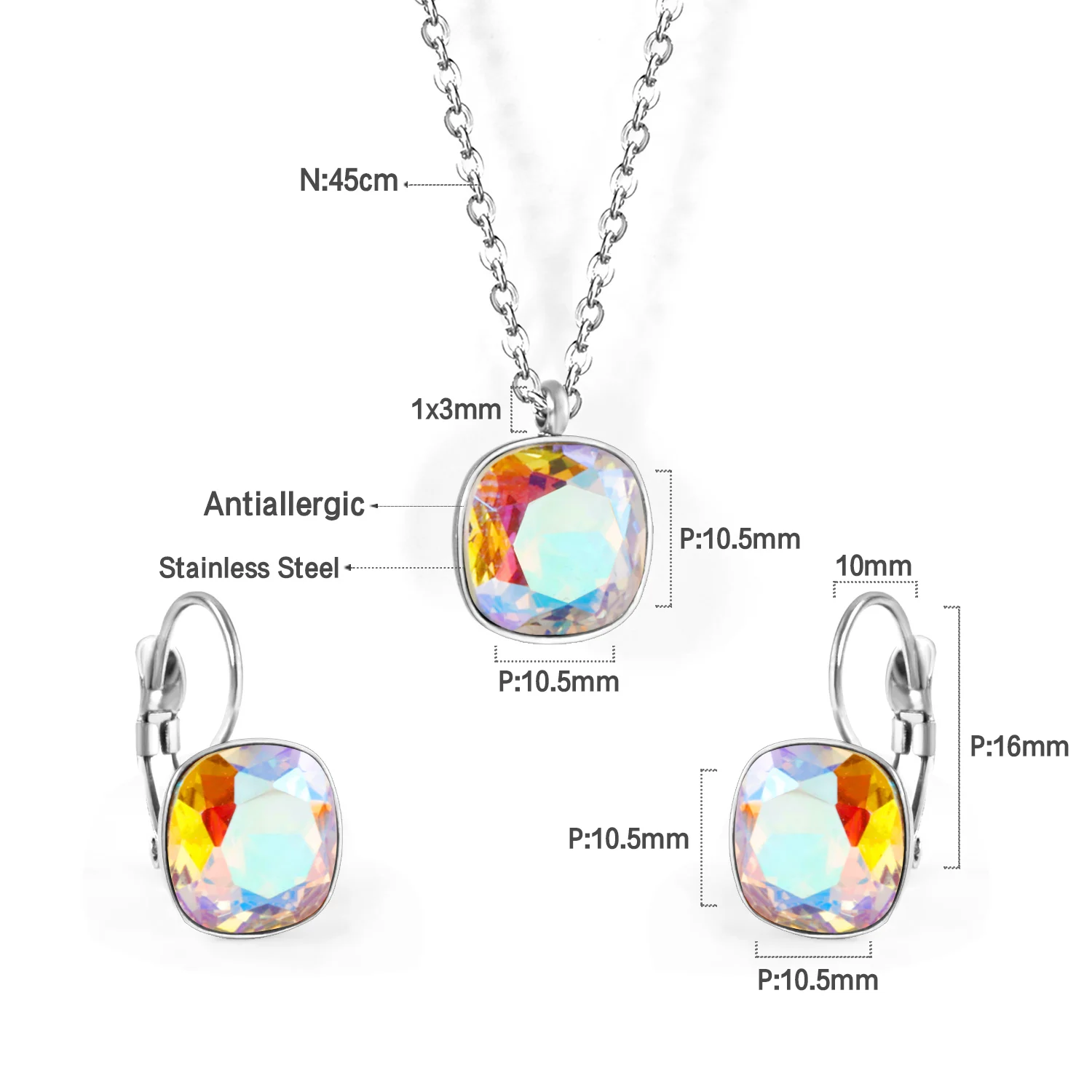 Square Zircon Necklace & Earring Set, Minimalist Elegant Jewelry