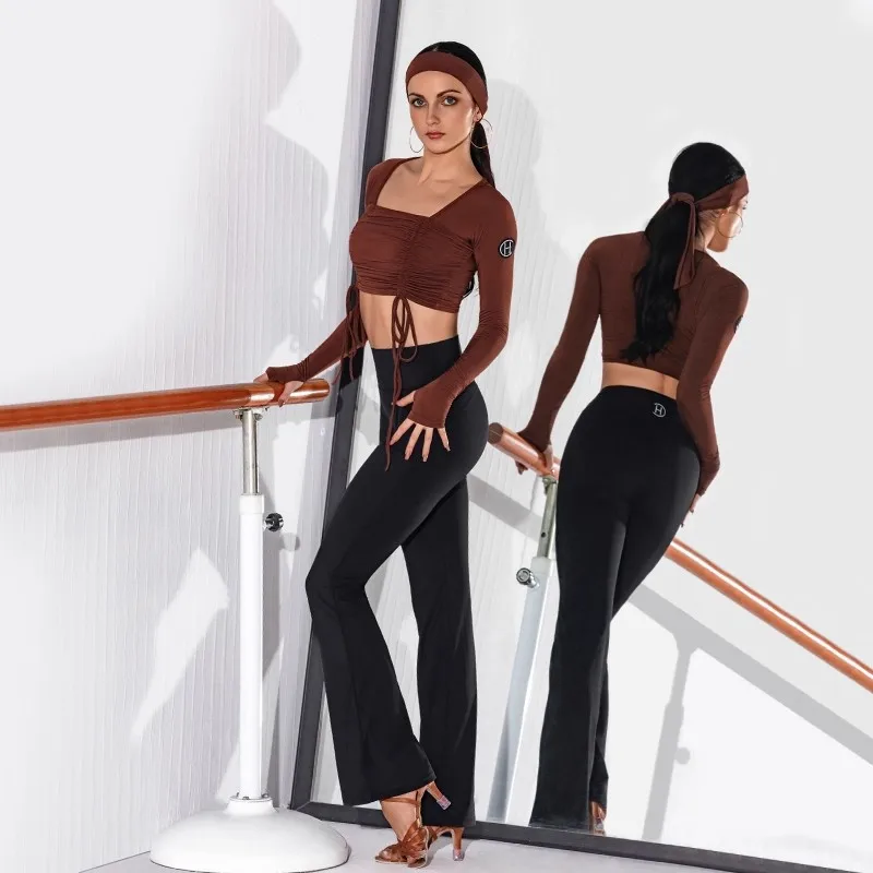 

2025 Latin Dance Costumes Women Long Sleeve Square Collar Top Bell-bottoms Pants Dancing Training Practice Clothing Wear DN22402