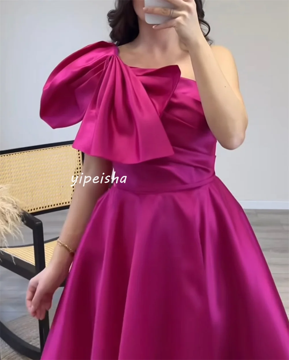 Customized Sizes Available Casual Satin Pleat Bow A-line One-shoulder Midi Dresses Prom Dresses Modern Style Retro Pastrol Fashi