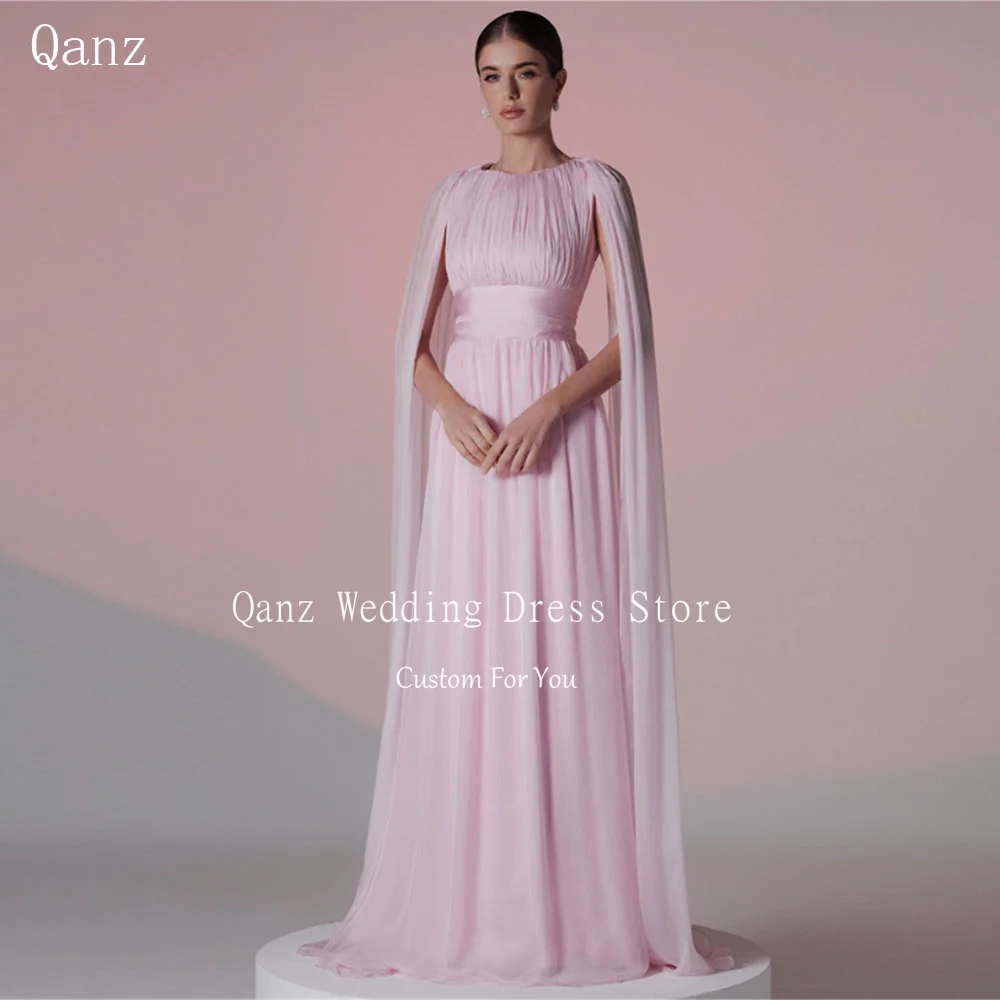 

Qanz Elegant Pink Evening Dresses Cap Sleeves Wedding Party Gowns Formal Occasions Long Chiffon Robes De Soirée Customized