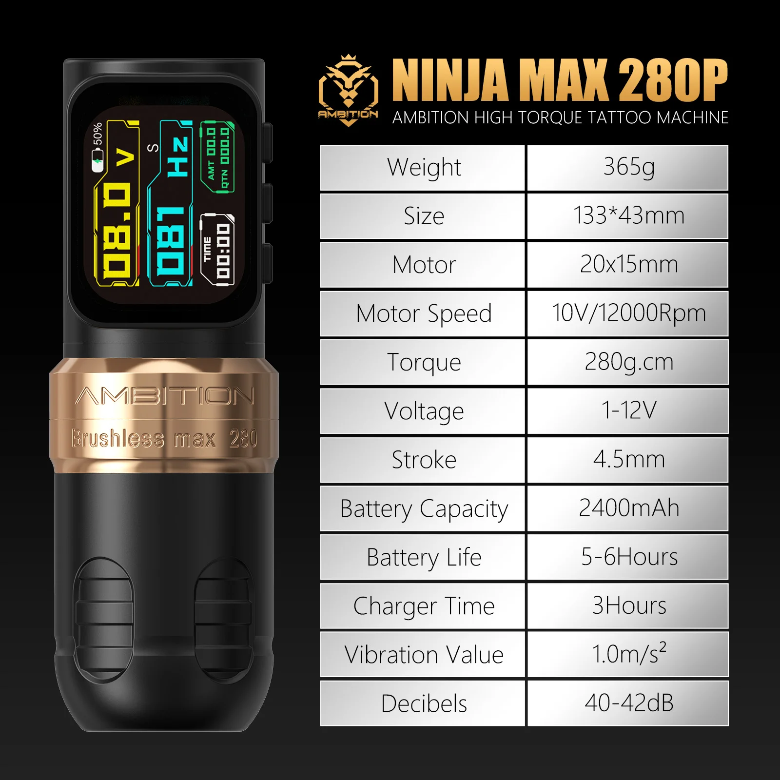 Ambition Ninja Max 280P Brushless Motor Tattoo Machine 4.5mm/3.5mm
