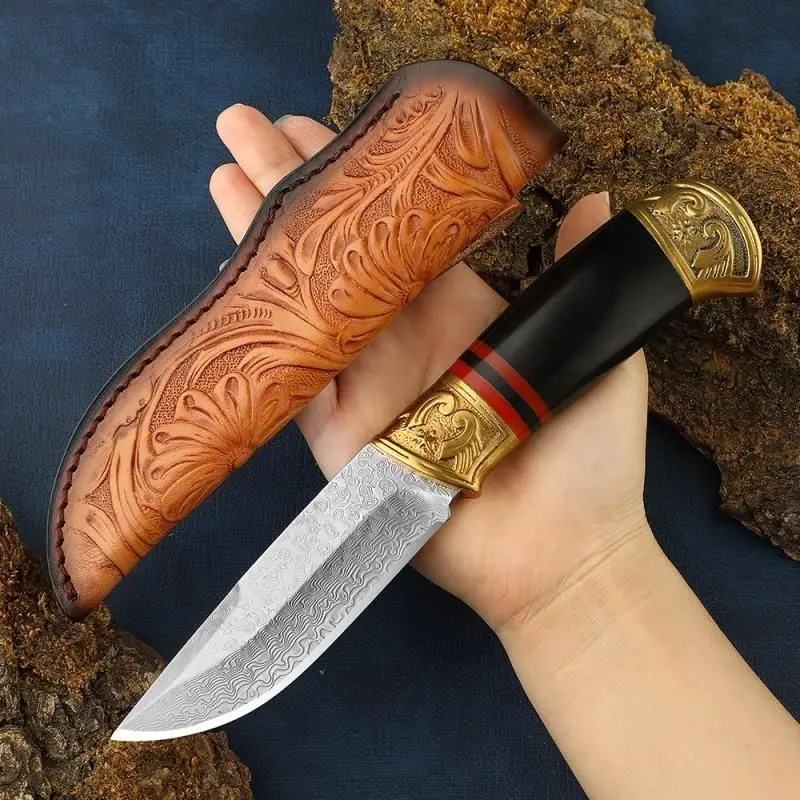 8.5-inch Damascus Steel Outdoor Survival Knife EDC Portable Camping Kitchen Knife Military Tactical Knives for Self Defense BBQ