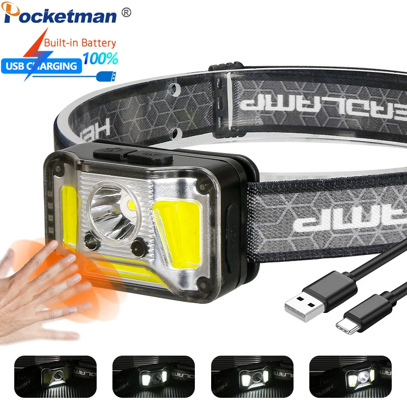 

High Power Led Sensor Headlamp USB Rechargeable Tactical Headlight Built-in Battery Fishing Head Torch with Red Lighting 4 Modes