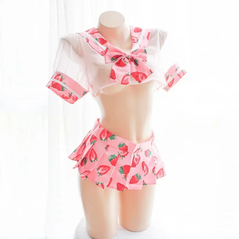 Lindo vestido de marinero Lolita con estampado de fresa, disfraces eróticos, uniforme de niña escolar, conjunto de lencería Sexy Kawaii, ropa interior