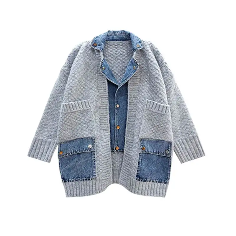 Chic Women Knitted Spliced Denim Jacket Sweater Coat Turn Down Collar Sweater Jean Coat Knit Cardigan Fall Winter Knitwear Tops