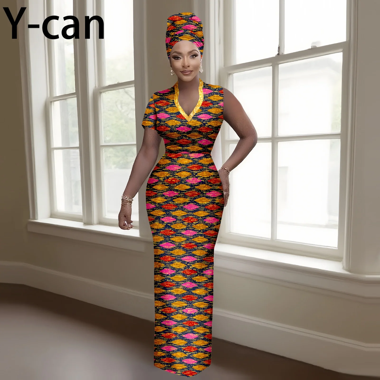 Luxury V-neck Short Sleeve Maxi Dress Dashiki Ankara Wax Print with Headwrap African Style Gown for Women Party Evening - view 6