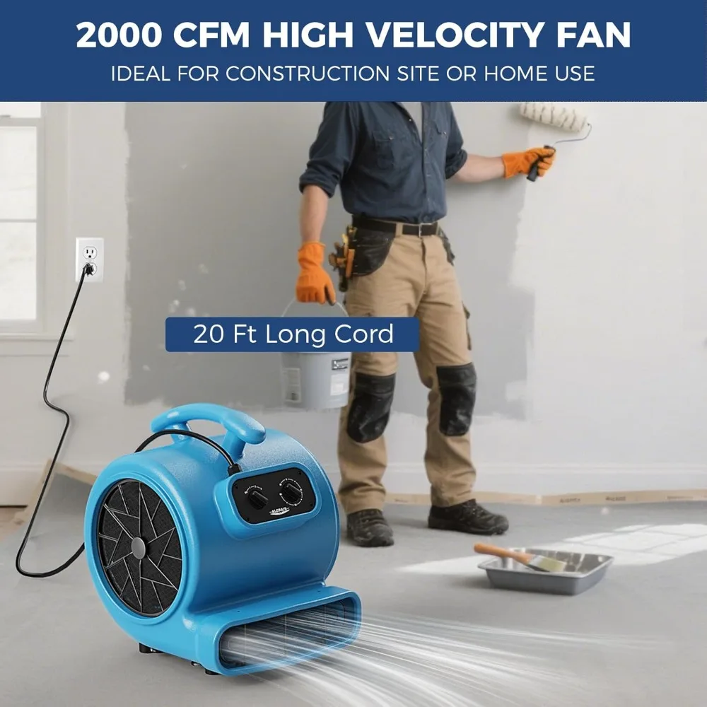 مروحة نفخ محرك الهواء 2000 CFM للصناعة، مروحة تجفيف الأرضية، مجفف السجاد - مؤقت، فلتر، قابل للتكديس، 3 سرعات، 5 Adj