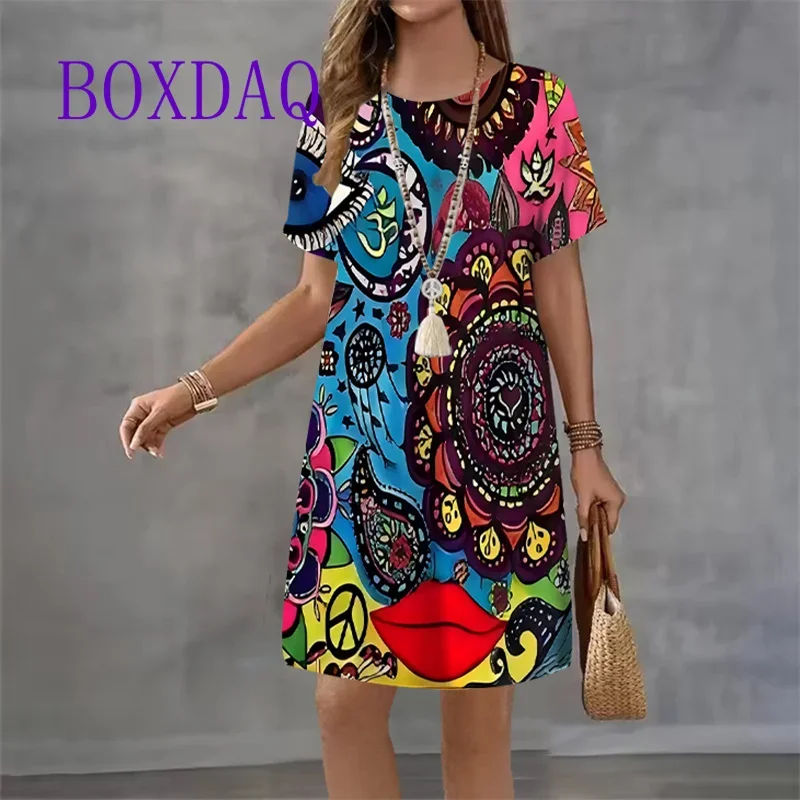 Vintage imprimé femmes robes mode 2025 à manches courtes été élégant robe d'été ample décontracté amour imprimer dames Mini robe robes