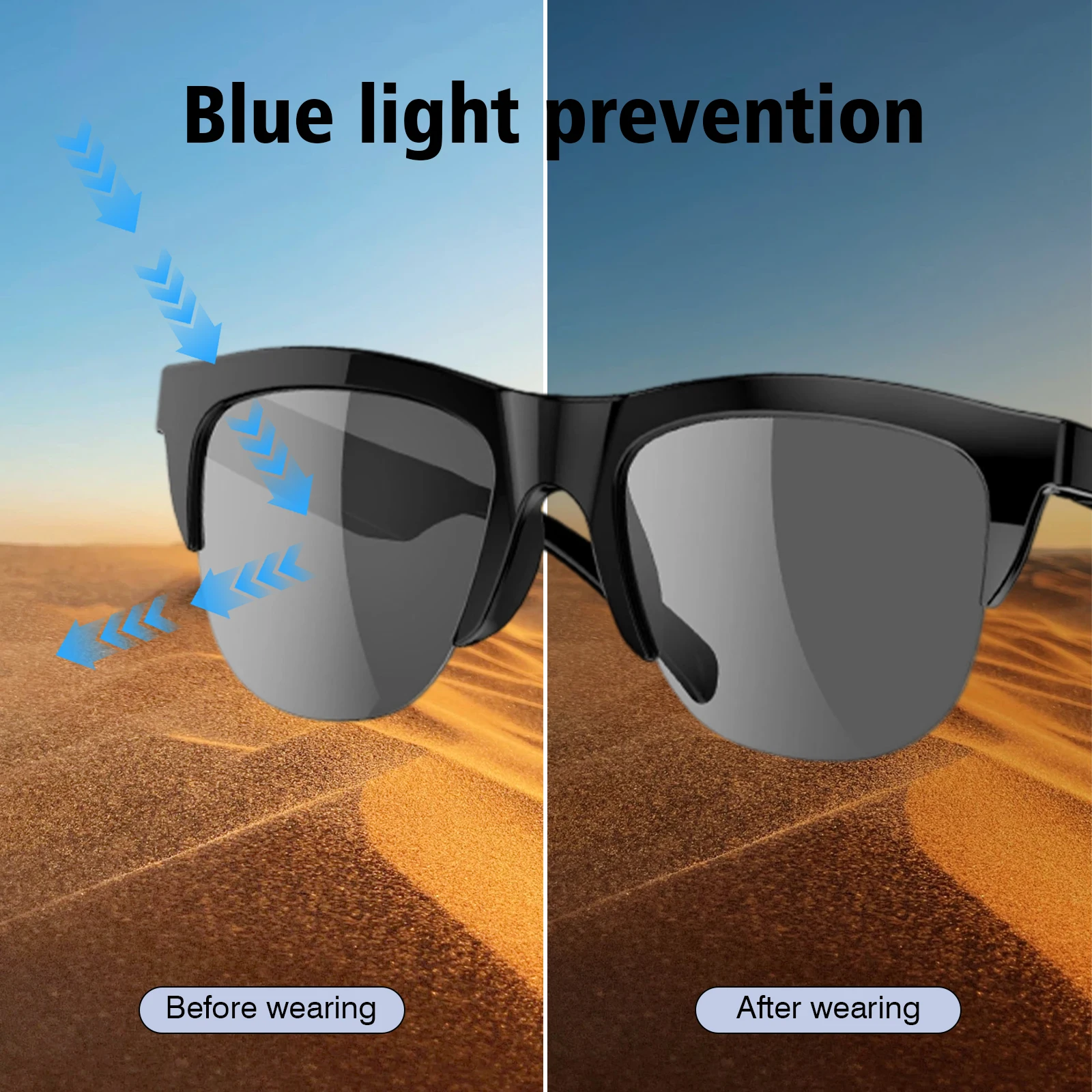 نظارات ذكية جديدة 2025، مقاومة للماء IP4، عدسات مضادة للضوء الأزرق، مساعد صوت يعمل باللمس، تشغيل الموسيقى، نظارات شمسية للجنسين