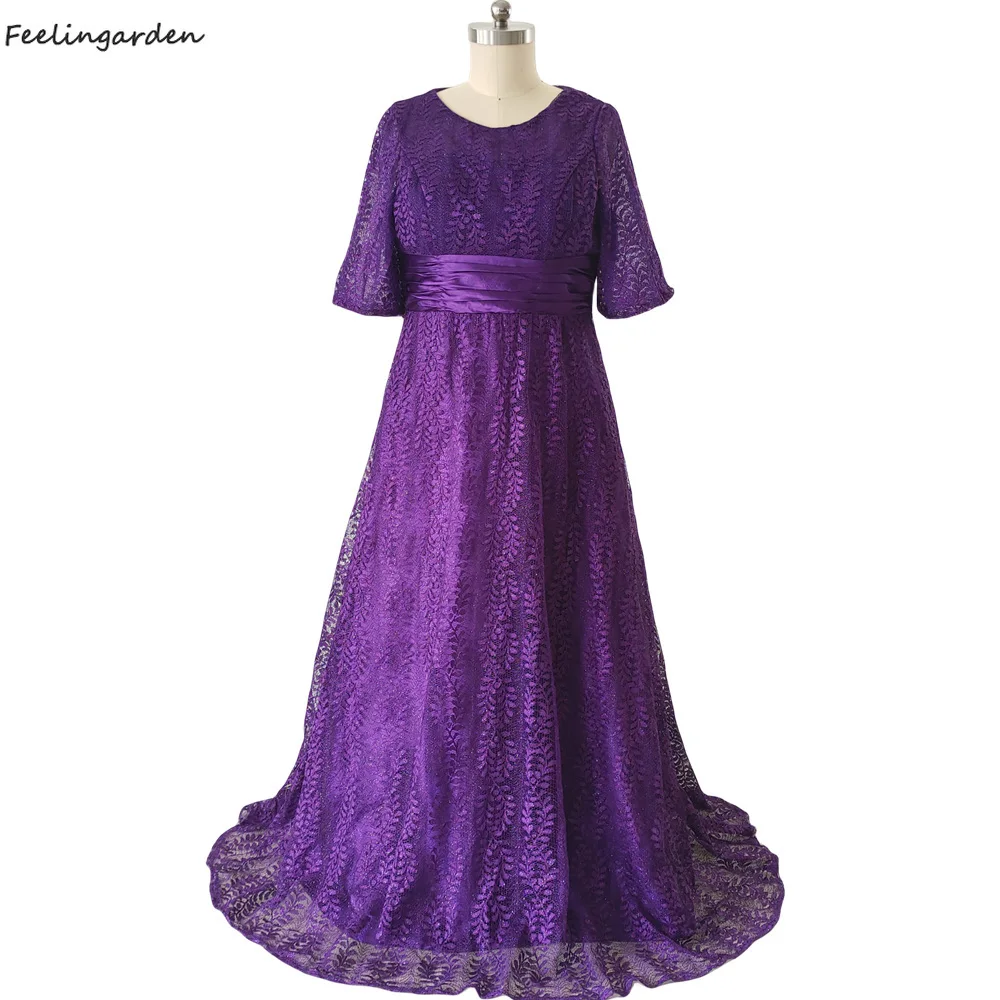 

Feelingarden Robe De Soiree Evening Dresses Purple Lace O-Neck Plus Size A-line Floor-Length Women Party Formal Gowns DR1553