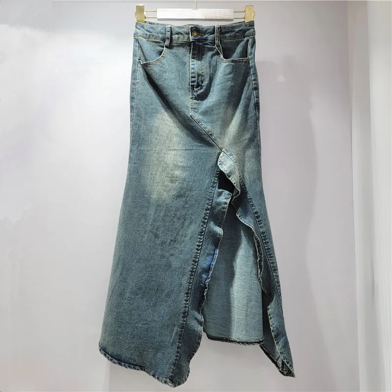 Amerykańska spódnica jeansowa w stylu vintage |   Sukienka letnia 2025, wysoki stan, fason litery A, krój syreny z rozcięciem, wyszczuplająca biodra.