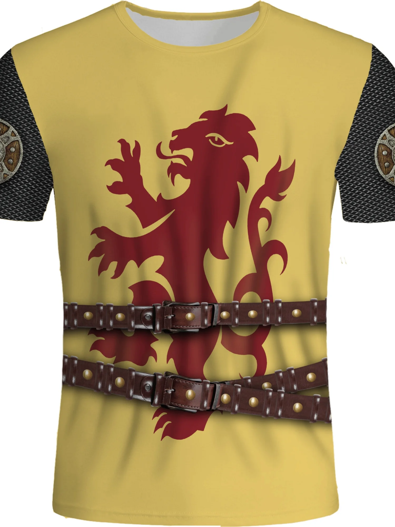 Men'S Stylish Lion Shield Knight Armor 3D Print T-Shirt - Breathable Polyester, Anti-Wrinkle, Short Sleeve