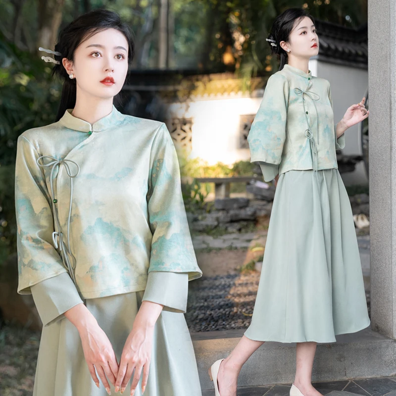 New Autumn Winter Women Vintage Skirt Suits Chinese Style Thicken Fleece Print Suede Cheongsam Top And Long Skirt Two Piece Set