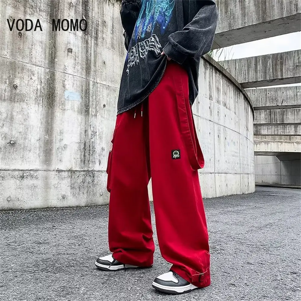 

Red Black Cotton Cargo Pants Men Fashion Pocket Casual Pants Men Japanese Streetwear Hip Hop Loose Straight Pants Mens Trousers