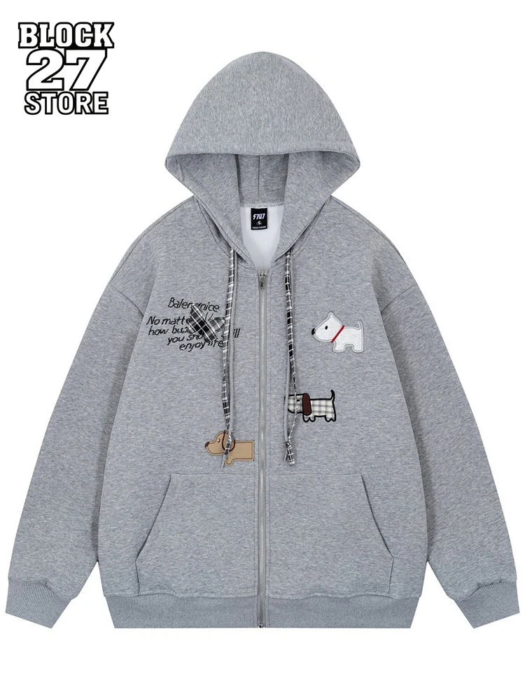 Mens Hoodie Cartoon Dog Patch Embroidery Streetwear Zip Sweatshirt American Style Loose Fit Hooded Jacket Casual Autumn Winter