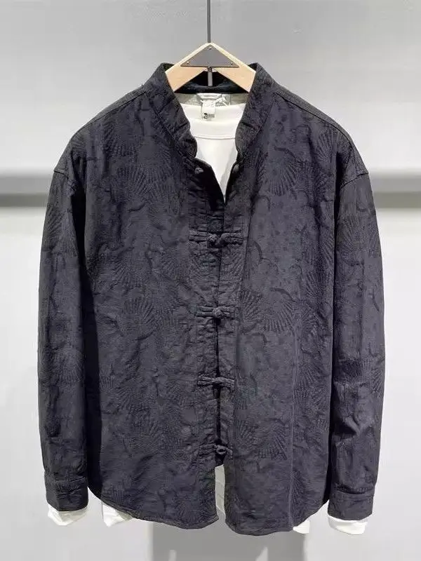 

Мужская рубашка большого размера (до 300 фунтов) в новом китайском стиле с пуговицами, повседневная, с воротником-стойкой, весна-осень, в стиле Тан, с ретро-вышивкой