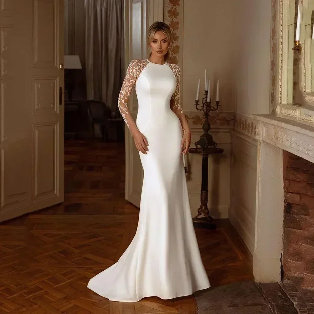 

Customized Classic Soft Mermaid Prom Dresses Applique Long Dresses Illusion Lace Long Sleeves Bride Dress Custom Elegant High Qu