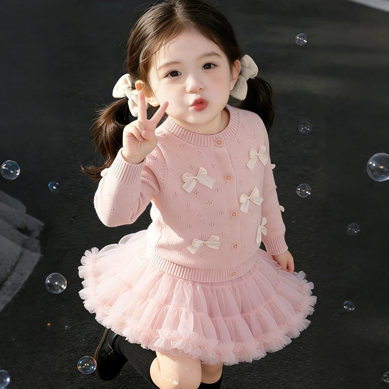 IYEAL Girls' Bow Sweater + Skirt 2025 Autumn New Korean Edition Children's Stylish Knitted Versatile Cake Skirt Two Piece Set