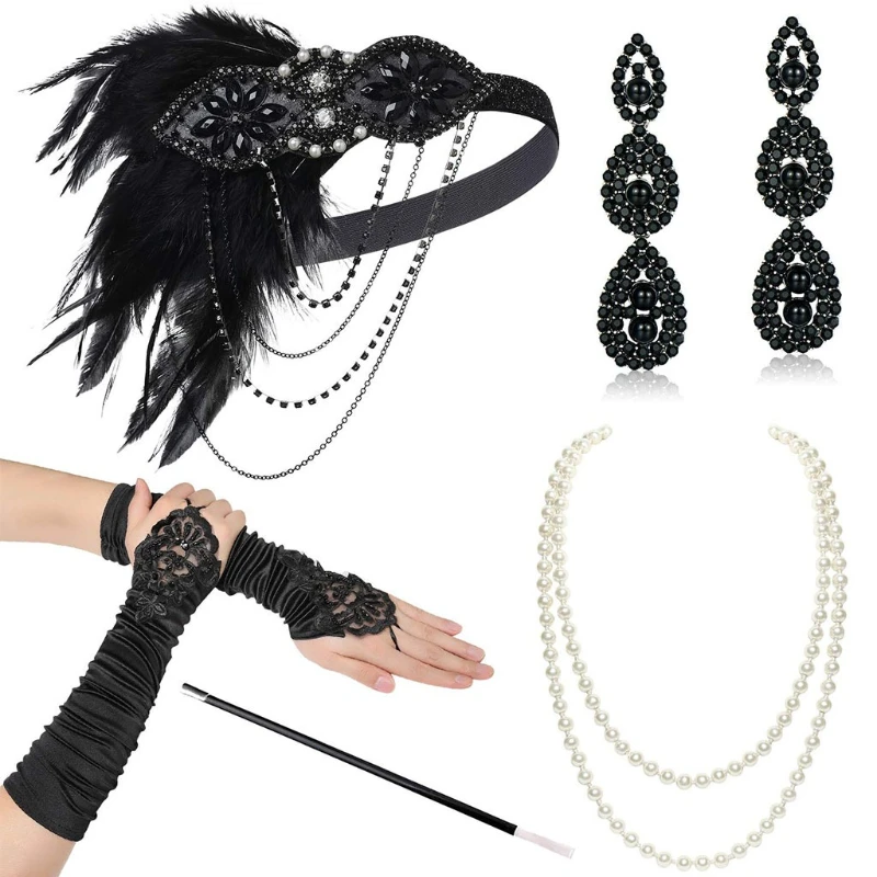 

Party Clothing Accessories Headband Vintage Earrings Pleated Studded Hook Finger Gloves Pearl Necklace Set
