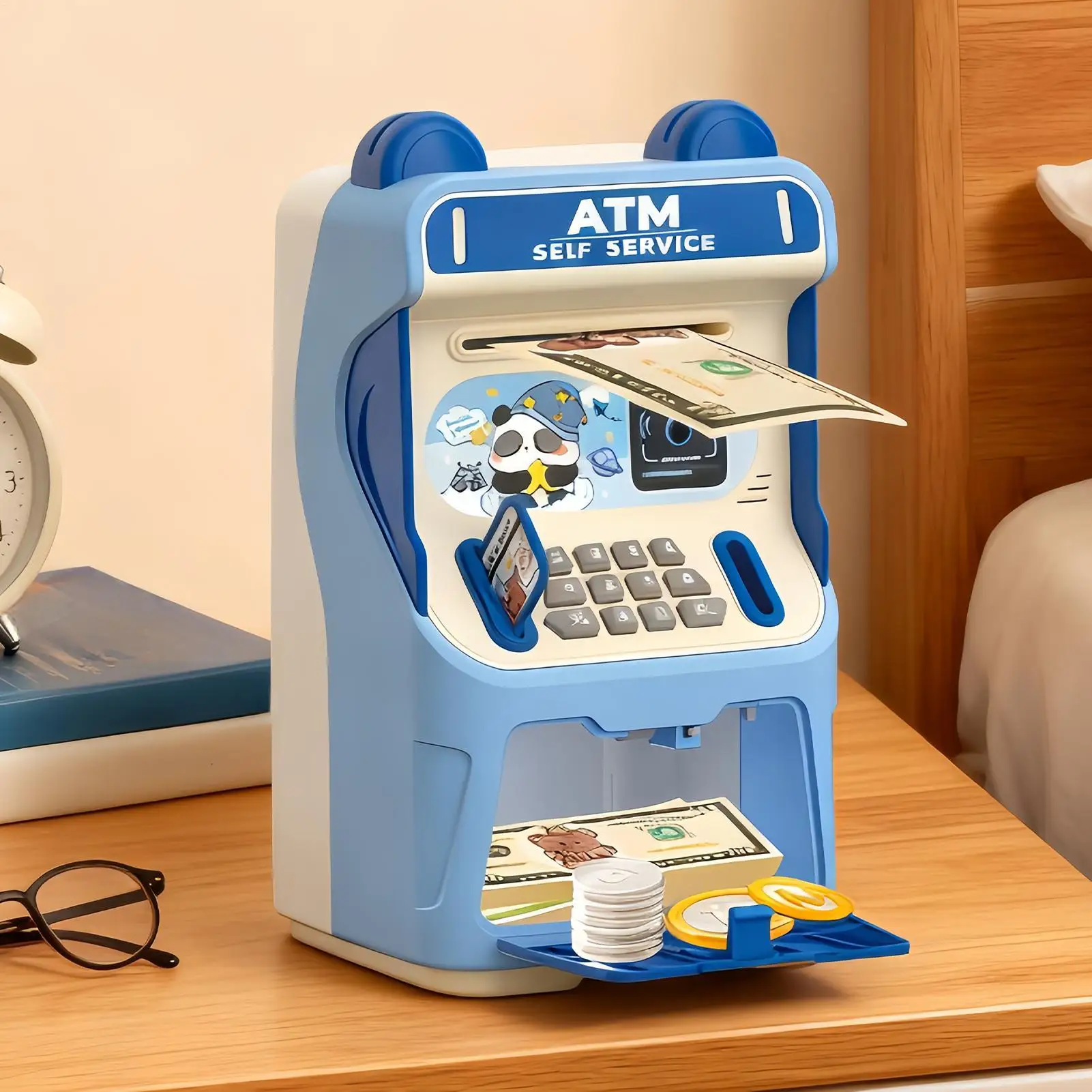 子供用ATM銀行 音楽付き電子式 顔認証 自動お金巻き取りATM銀行 男の子 女の子 家庭用 幼稚園用