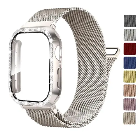 Milanese Loop+ case for apple watch series 44mm 45mm 40mm 41mm 46-42mm diamond cover+band iwatch 9 8 7 6 5 4 10 11 ultra3-2 49mm