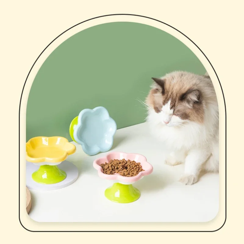 Ceramic Elevated Cat Food Bowl Floral Design Easy-to-clean Durable Cutlery for Food Water Cute Dog Bowl for Neck Protection