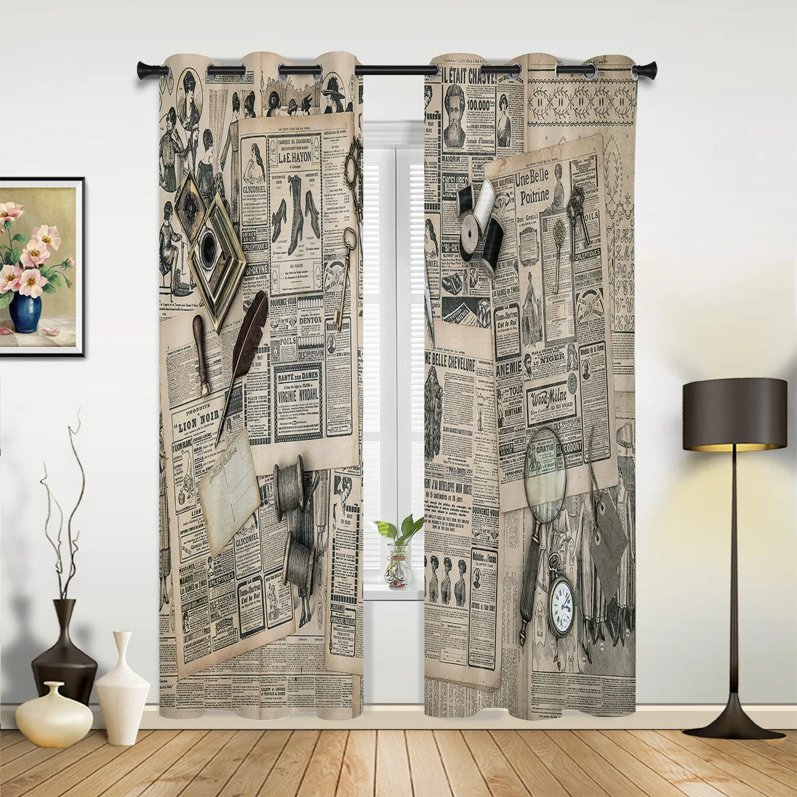 European Retro Old Newspaper Curtains for Bedroom Living Room Drapes Kitchen Children's Room Window Curtain Modern Home Decor