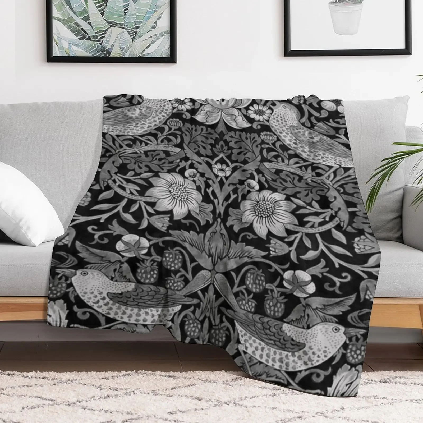 William Morris- strawberry thief,grey, white,black Throw Blanket Decoratives Camping Flannels Bed covers Blankets