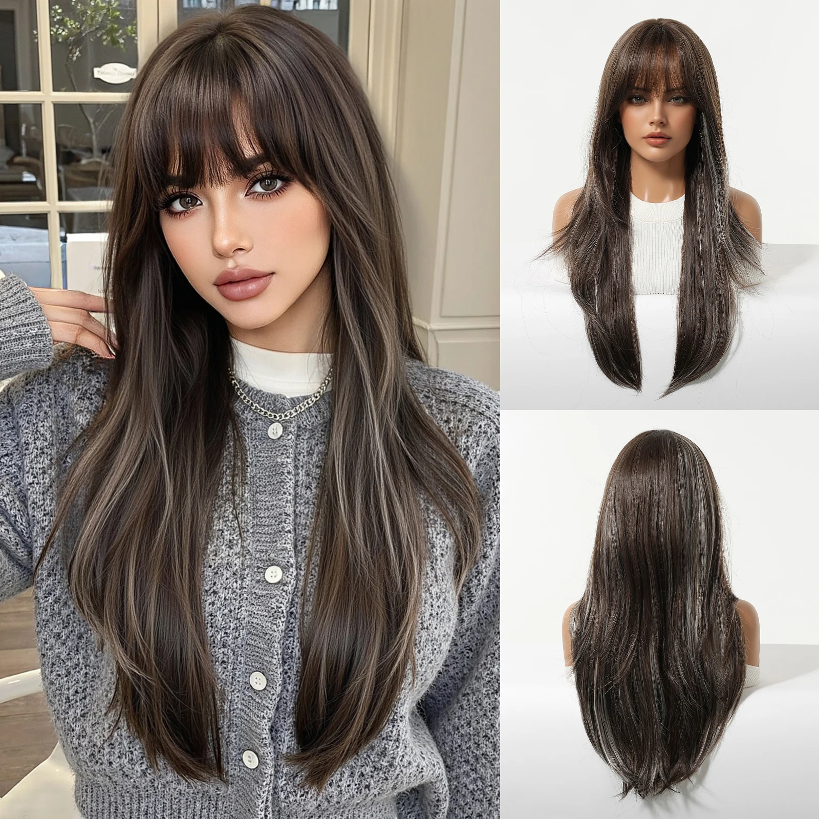 

Длинный прямой синтетический парик Allbell Magique для женщин, темно-коричневый со светло-коричневыми бликами, челка в комплекте, модная косплей-вечеринка