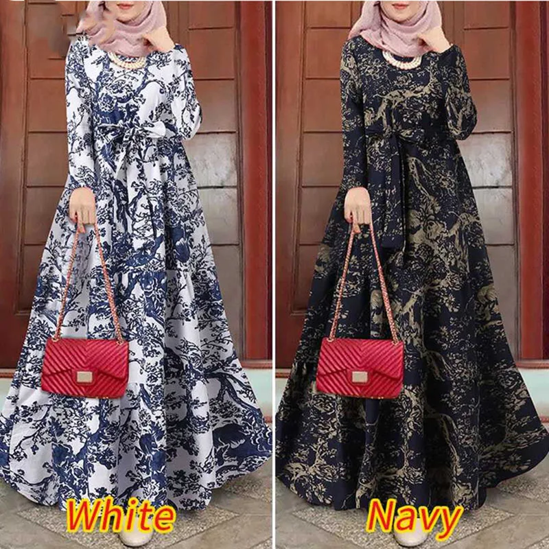 4XL 5XL Plus Size Dress Lady 2022 Fashion Muslim Autumn Vintage Print Sundress Turkish Robe Crew Neck Casual Women Party Dresses