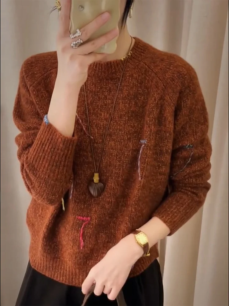 

Korean Sle Lazy Heavy Work round Ne Sweater Autumn Winter New Large Size Faionable Loose Slimming Top Women's Camere