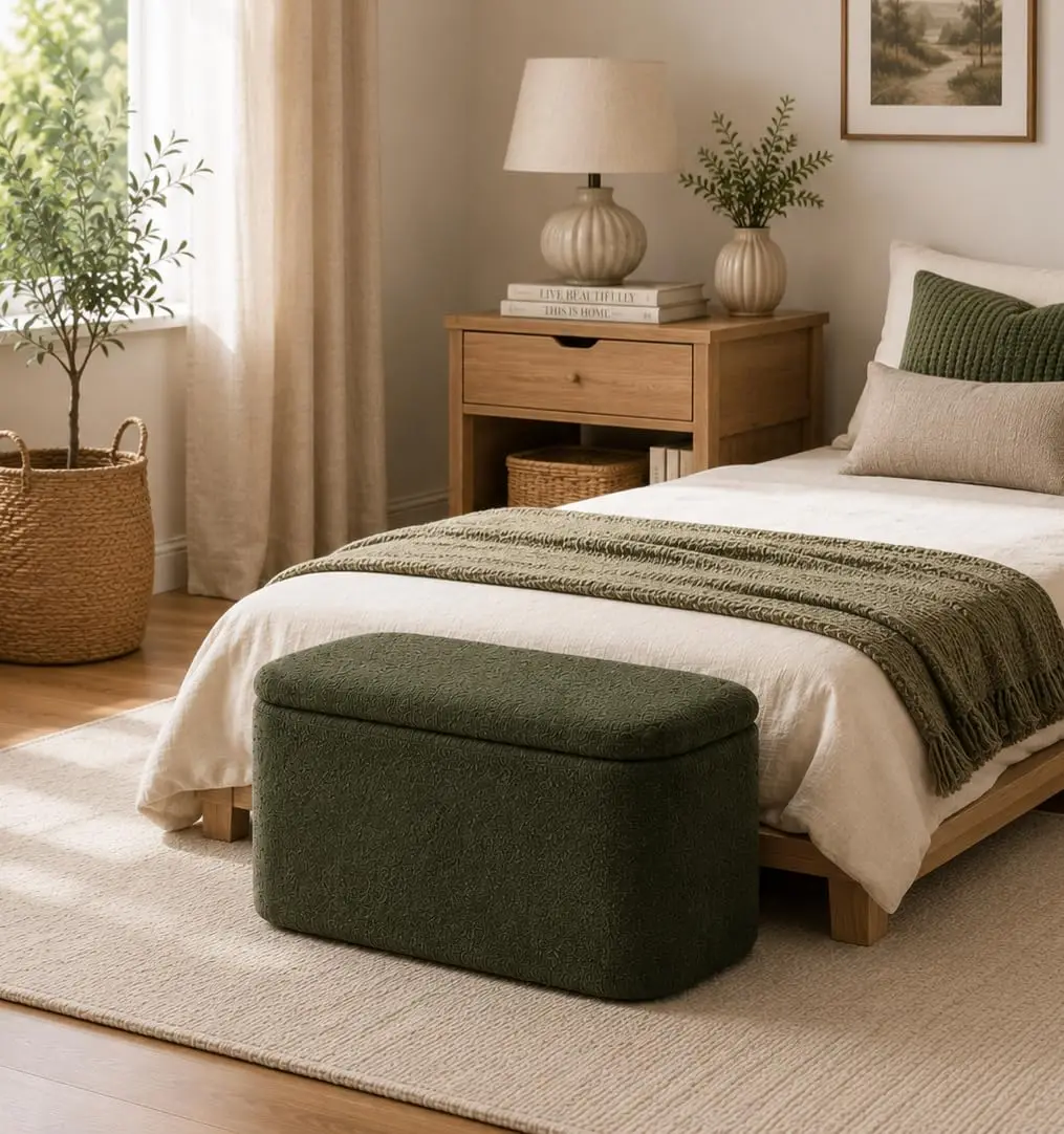 Velvet Storage Ottoman Bench 32" Upholstered Seat Bedroom Living Room Entryway Dark Green, Customized