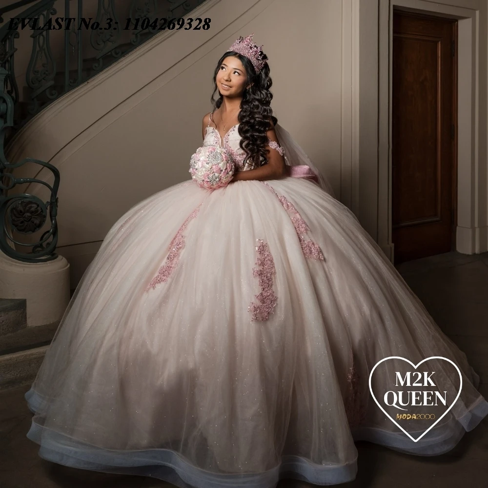 EVLAST personalizado brillante marfil vestido para quinceañeras vestido De baile apliques florales rebordear capa con lazo dulce 16 Vestidos De 15 Anos E3Q144