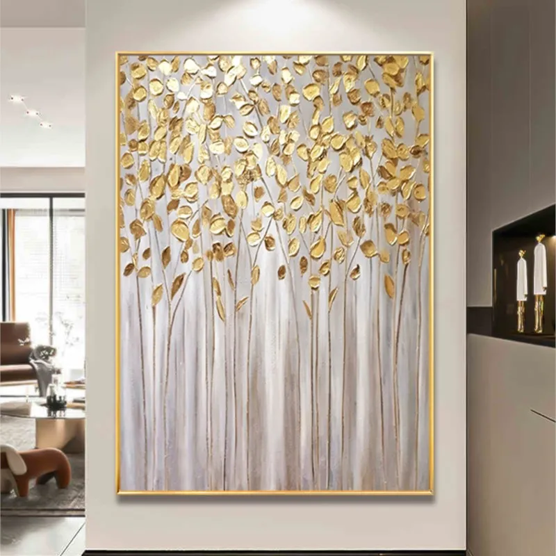 

Pure Hand Drawing Oil Painting Gold Foil Pachira Macrocarpa Entrance Modern Light Luxury Living Background Wall Large Hanging