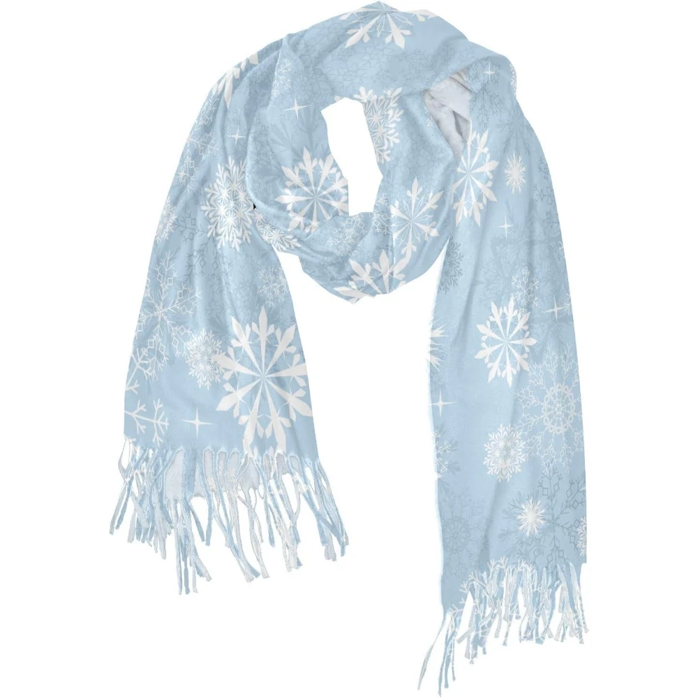 

Рождественский синий шарф со снежинками для женщин, теплая мягкая шаль из пашмины с кисточками, кашемировый, легкий вес