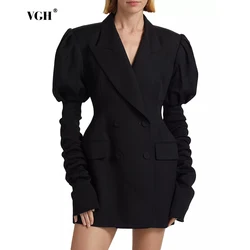 VGH Black Spliced Metal Button Blazer for Women Notched Collar Puff Long Sleeve Patchwork Beading High Design Coat Female Autumn