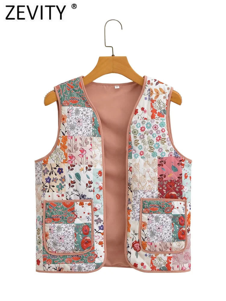 Zevity 2023 Women Fashion V Neck Sleeveless Floral Pathcwork Print Short Vest Jacket Ladies Open Stitching WaistCoat Tops CT5352