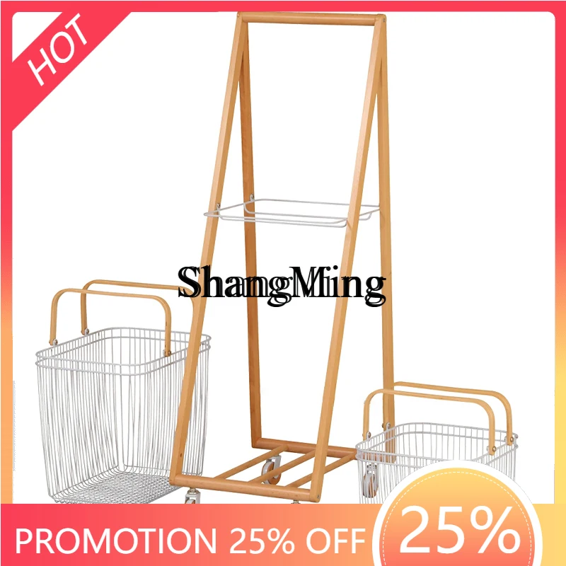 

SM wood removable laundry basket cart living room household double partition with wheel laundry basket bedroom